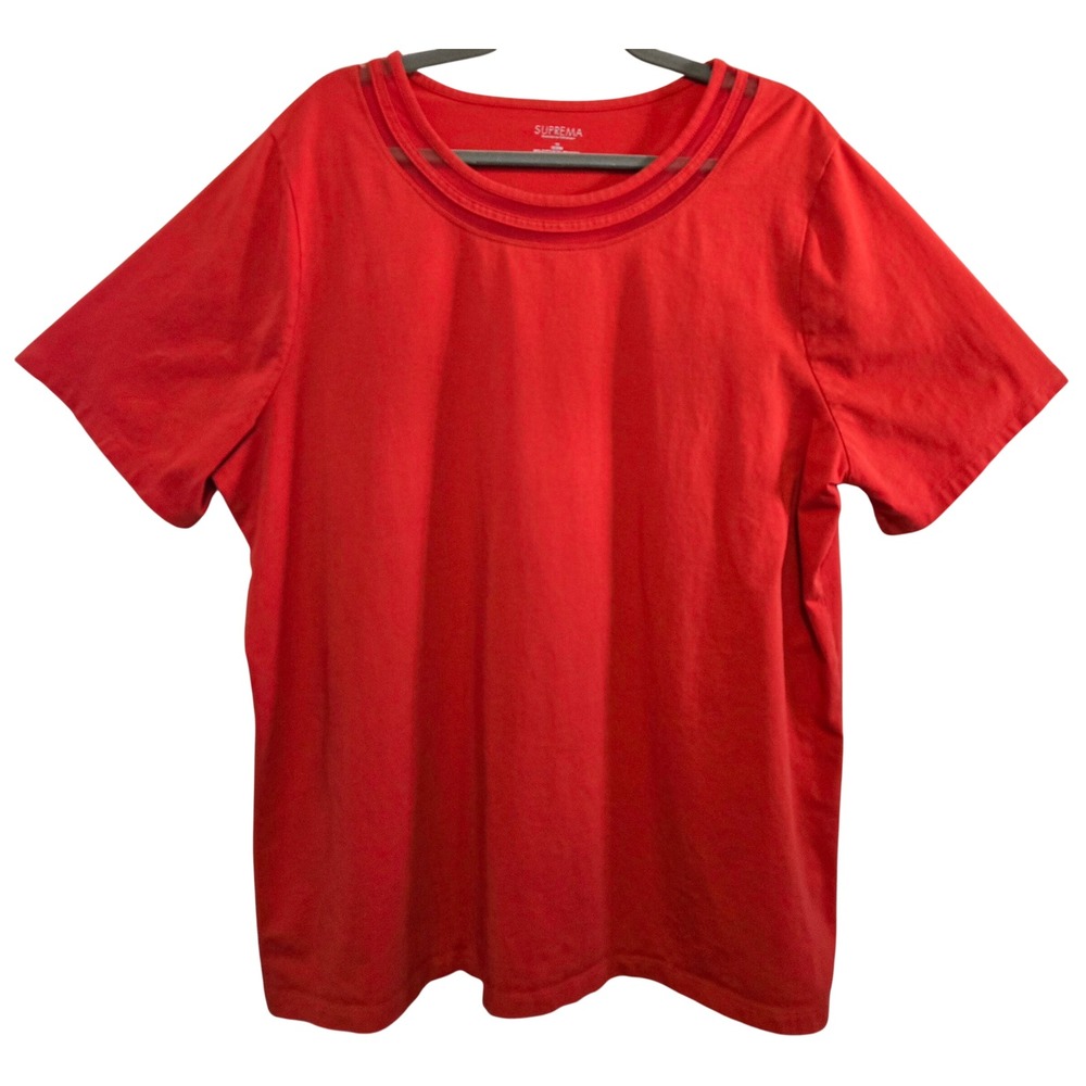 Catherines Suprema Chic Cotton Red Short Sleeve Mesh Neck Scoop Tee Top 1X